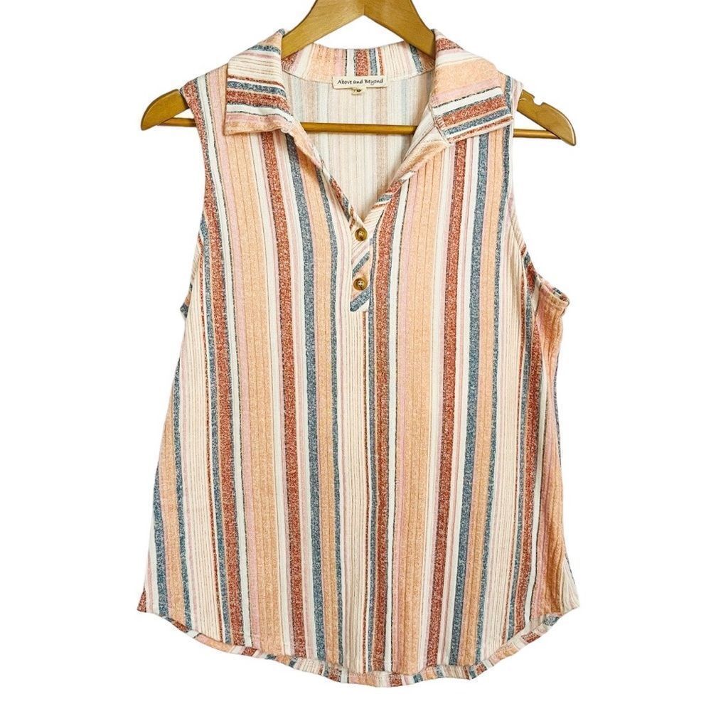 Above and Beyond Sleeveless Top Size L Multi Color Collar Button V Neck Stipe